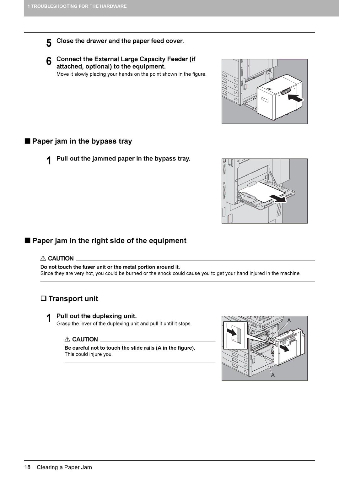 Toshiba 5520c manual „ Paper jam in the bypass tray, „ Paper jam in the right side of the equipment, ‰ Transport unit 