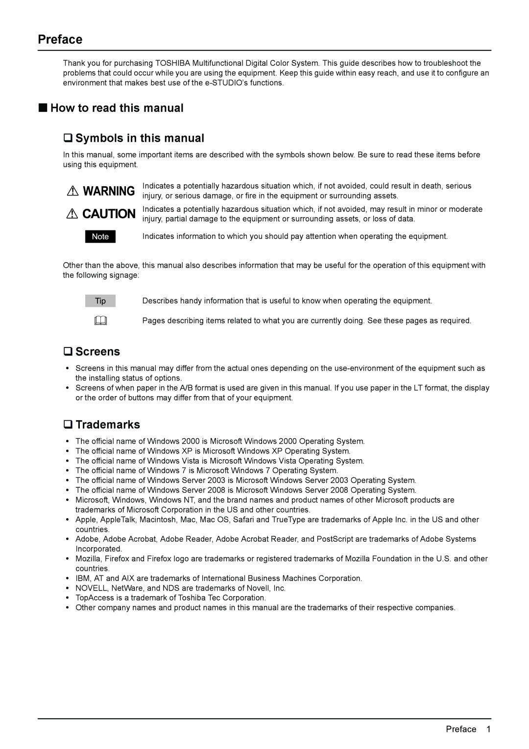 Toshiba 5520c Preface, „ How to read this manual ‰ Symbols in this manual, ‰ Screens, ‰ Trademarks 