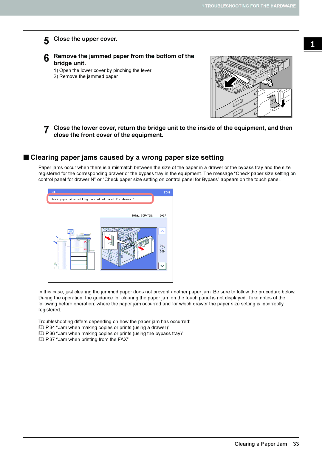 Toshiba 5520c manual „ Clearing paper jams caused by a wrong paper size setting 