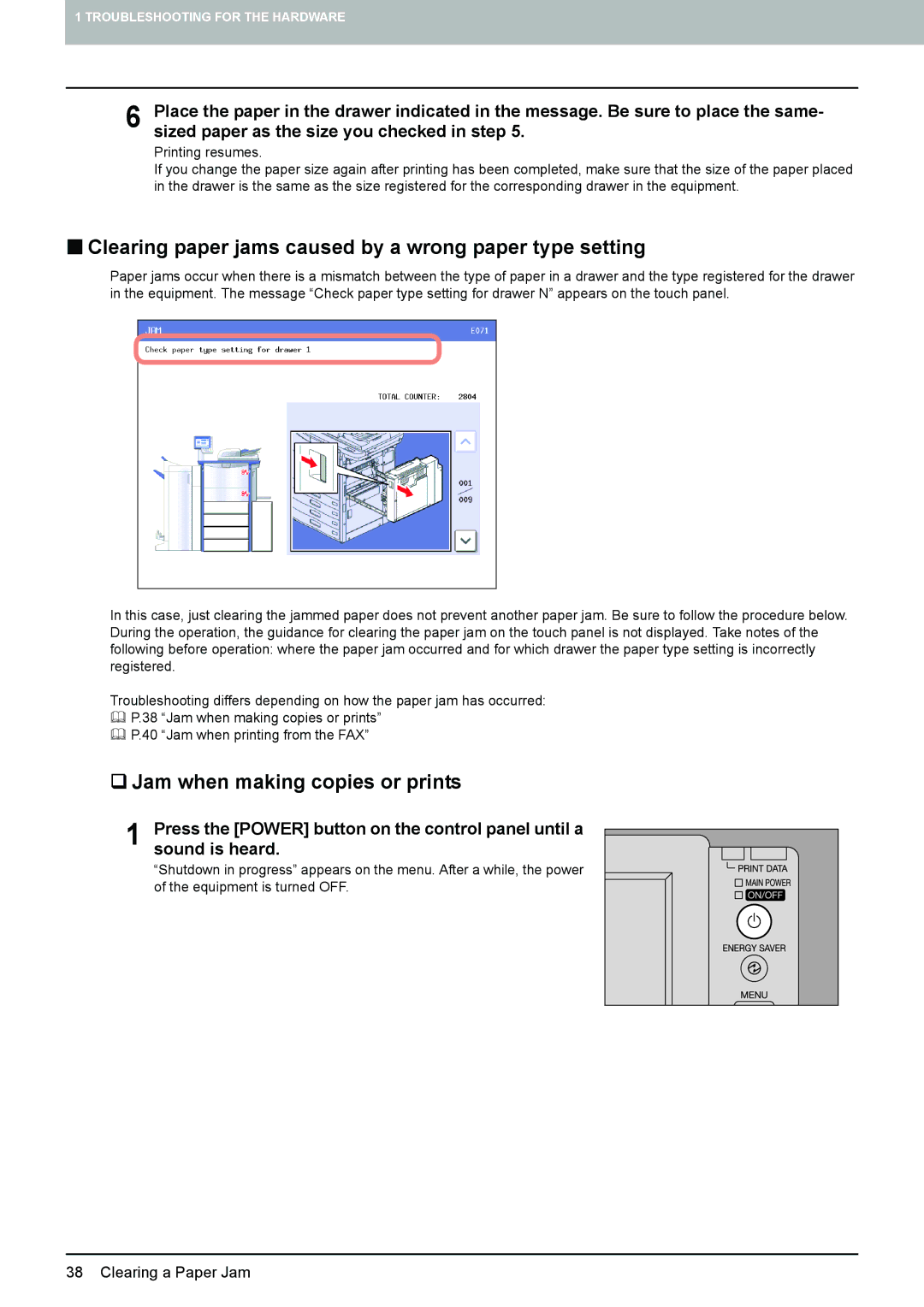 Toshiba 5520c manual „ Clearing paper jams caused by a wrong paper type setting, ‰ Jam when making copies or prints 