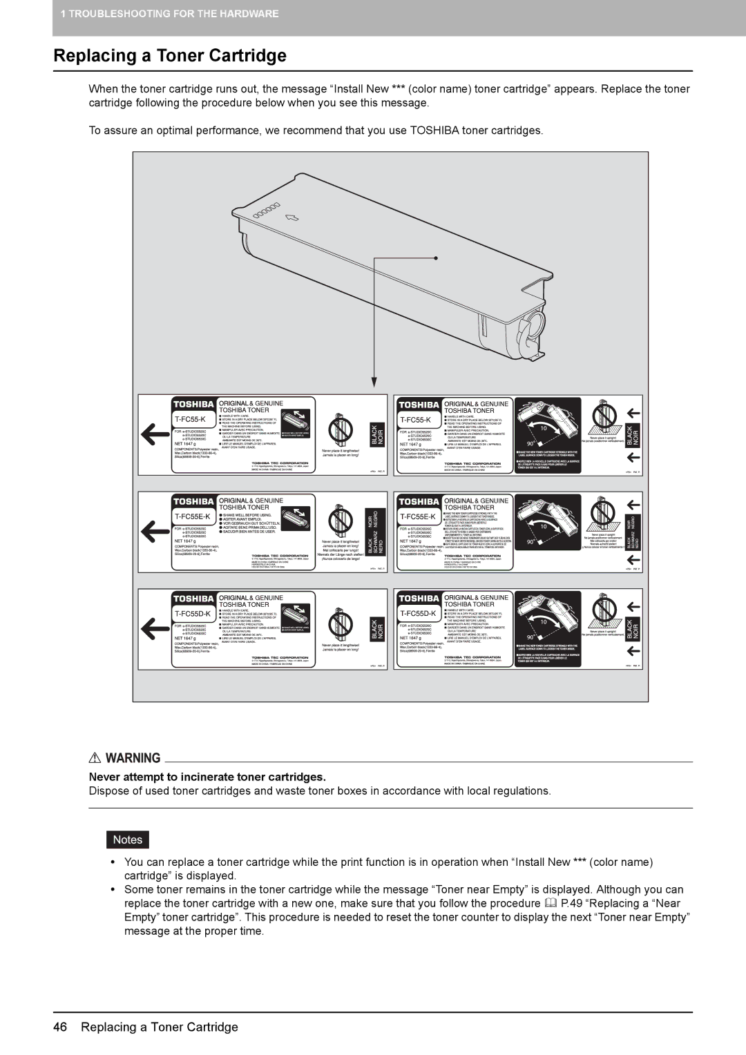 Toshiba 5520c manual Replacing a Toner Cartridge, Never attempt to incinerate toner cartridges 