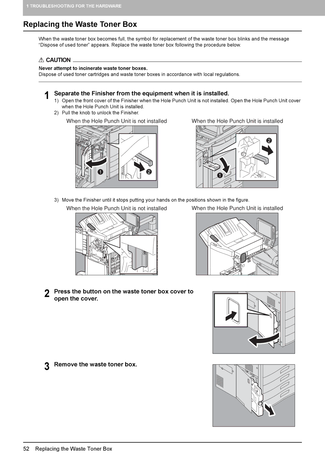 Toshiba 5520c manual Replacing the Waste Toner Box, Never attempt to incinerate waste toner boxes 