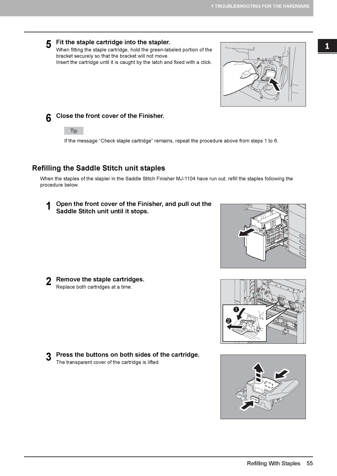 Toshiba 5520c manual „ Refilling the Saddle Stitch unit staples 