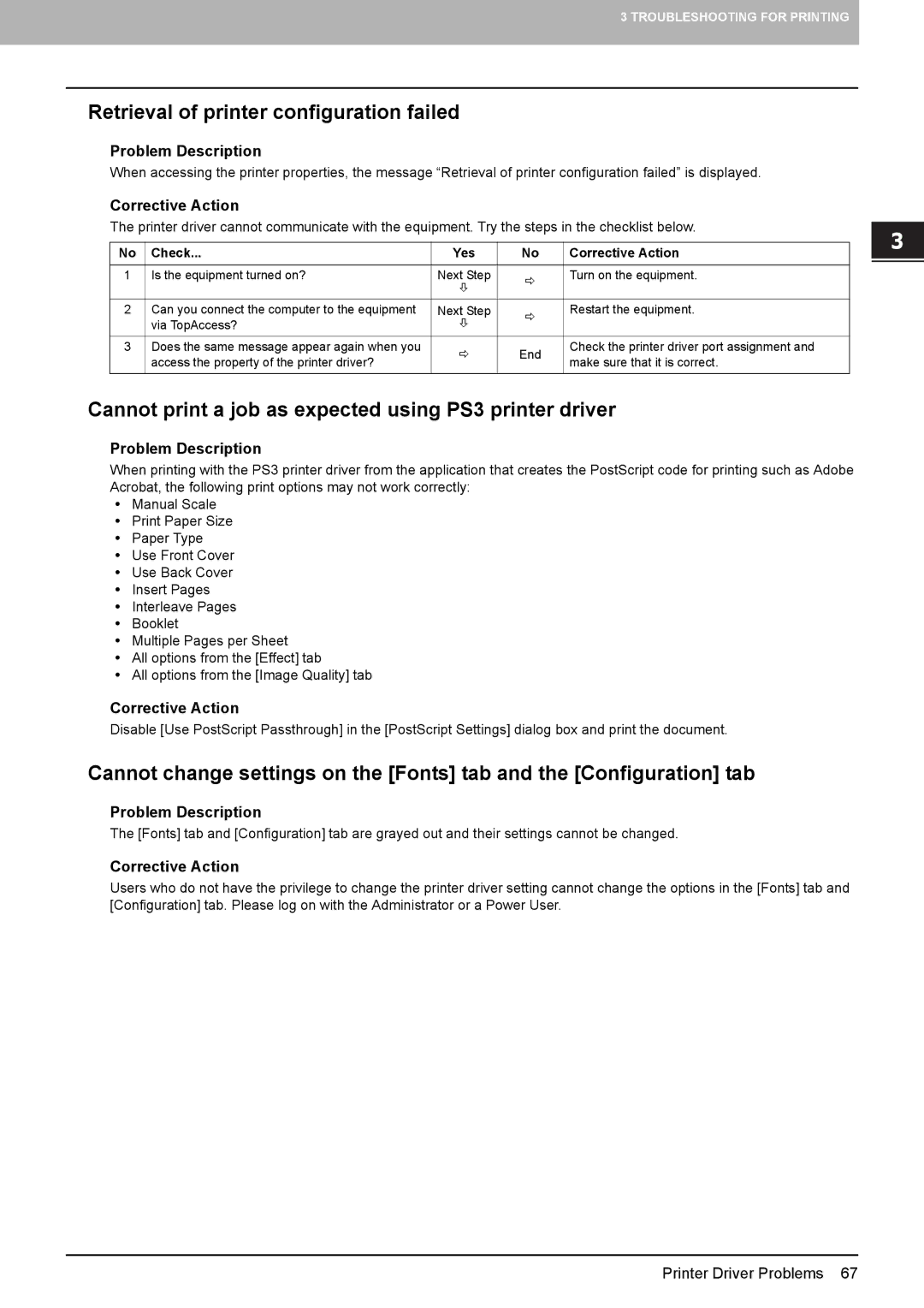 Toshiba 5520c manual „ Retrieval of printer configuration failed, „ Cannot print a job as expected using PS3 printer driver 