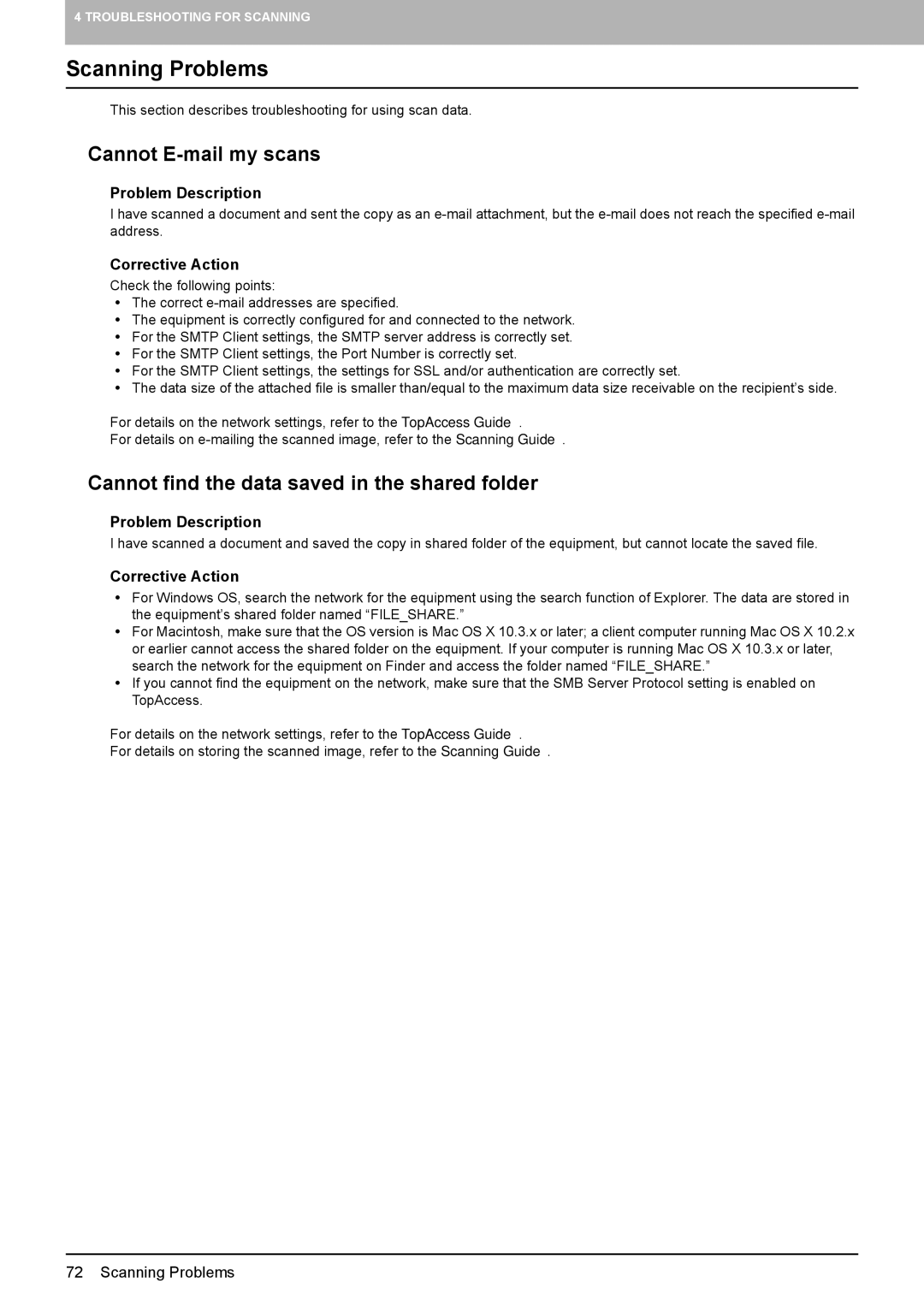 Toshiba 5520c manual Scanning Problems, „ Cannot E-mail my scans, „ Cannot find the data saved in the shared folder 