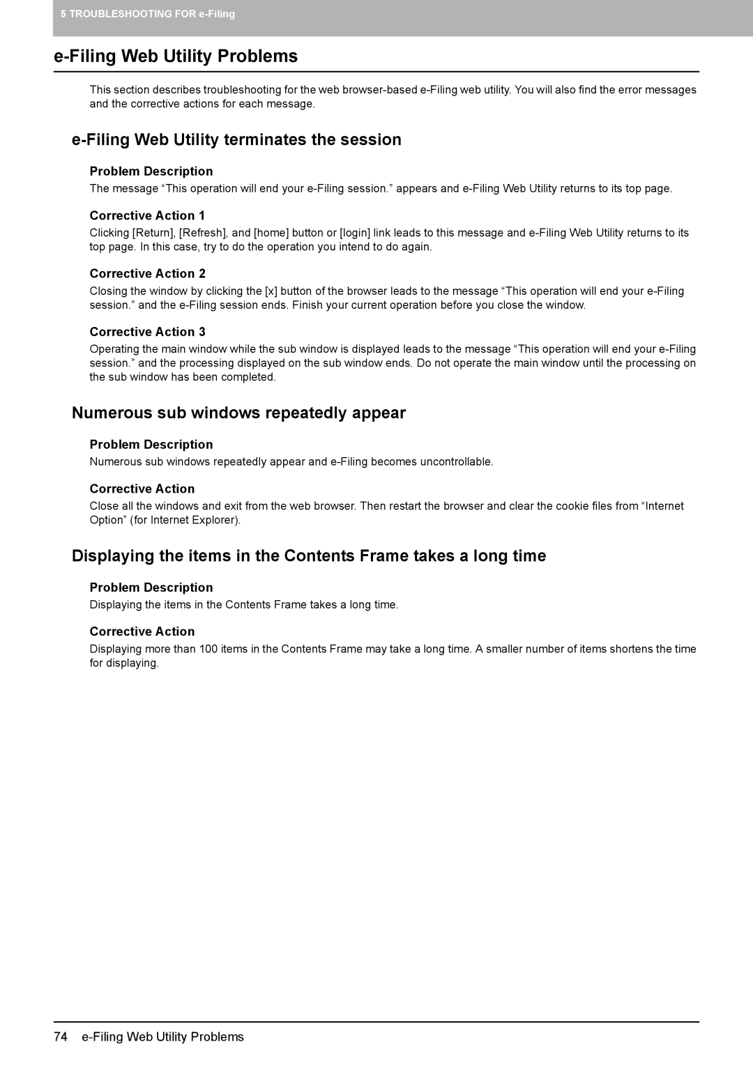 Toshiba 5520c manual Filing Web Utility Problems, „ e-Filing Web Utility terminates the session 