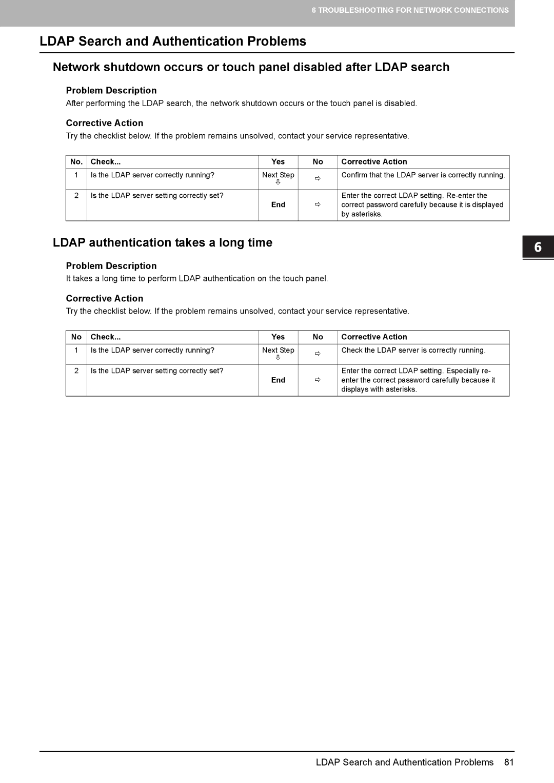 Toshiba 5520c manual Ldap Search and Authentication Problems, „ Ldap authentication takes a long time 