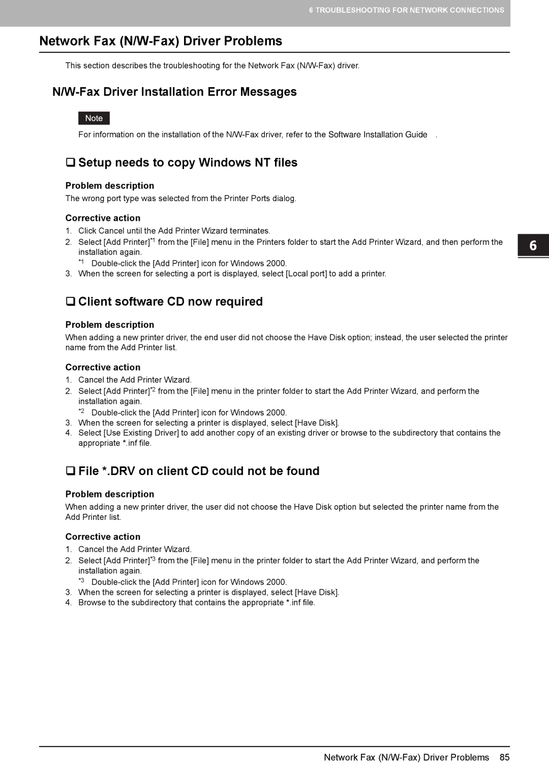 Toshiba 5520c manual Network Fax N/W-Fax Driver Problems, „ N/W-Fax Driver Installation Error Messages 