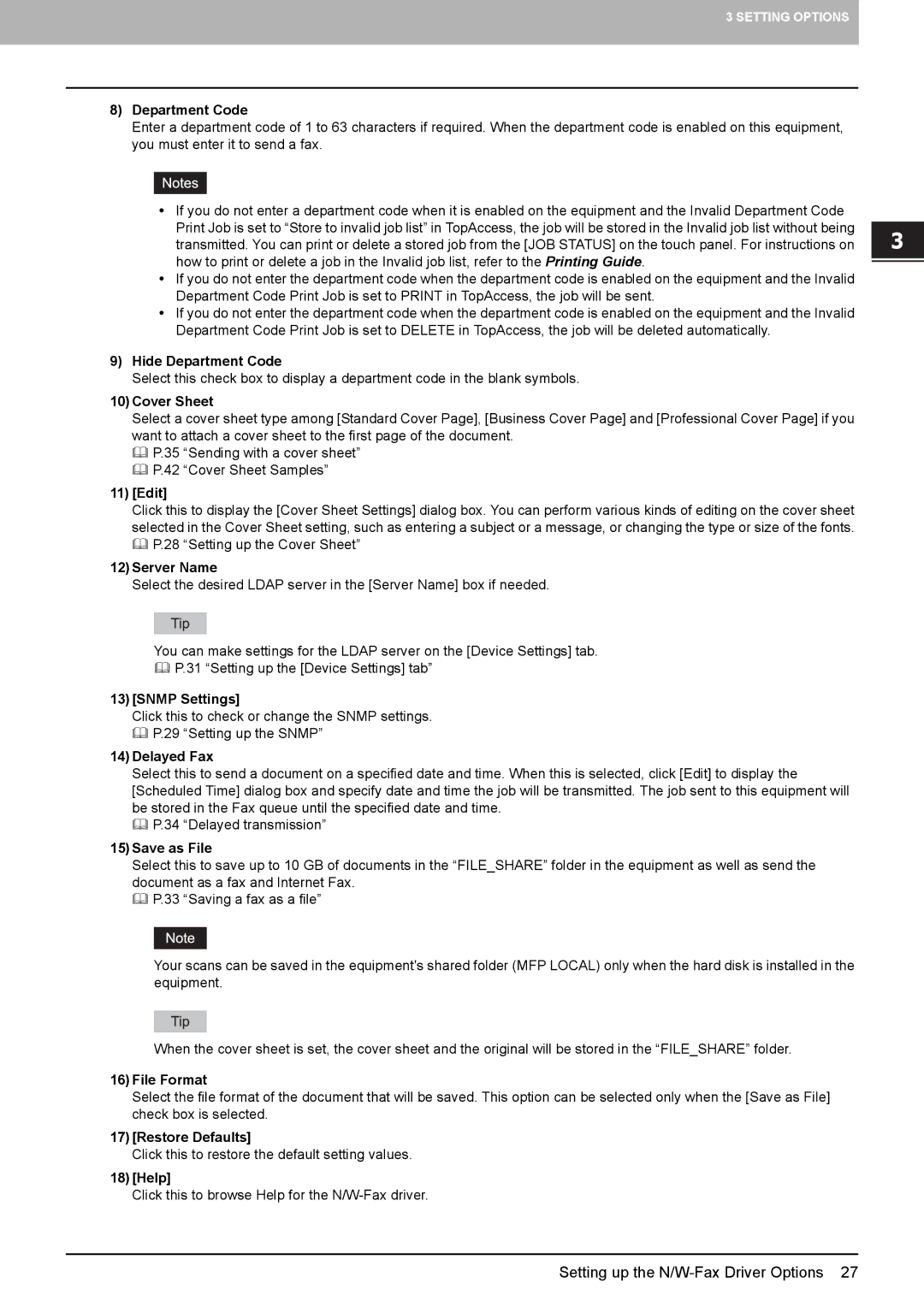 Toshiba 356SE Hide Department Code, 10Cover Sheet, Edit, 12Server Name, 13SNMP Settings, 14Delayed Fax, 15Save as File 