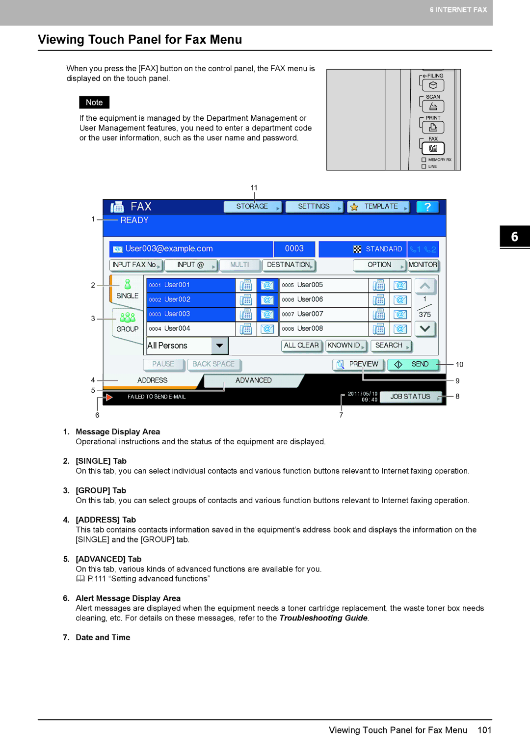 Toshiba 3040C, 556. 656, 6540C, 5540C, 856 Viewing Touch Panel for Fax Menu, Single Tab, Group Tab, Address Tab, Advanced Tab 