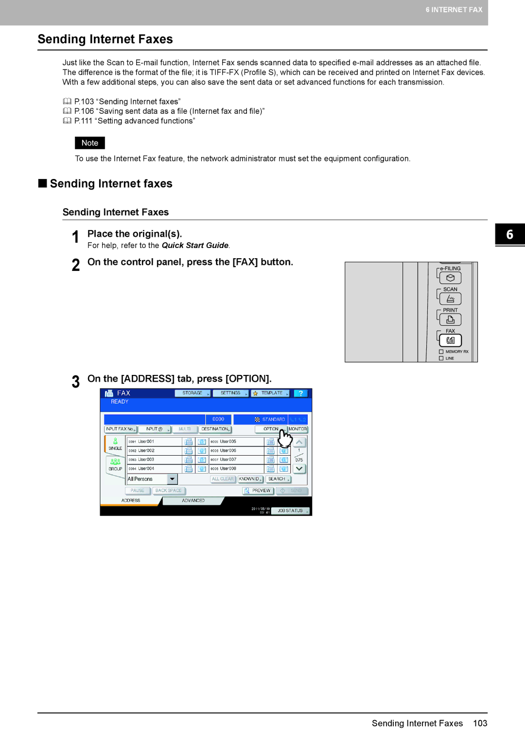 Toshiba 556. 656, 6540C, 5540C, 6550C, 456SE, 856, 756 „ Sending Internet faxes, Sending Internet Faxes Place the originals 