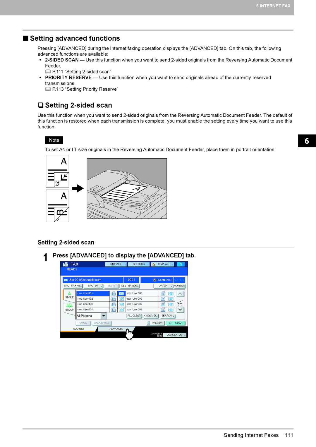 Toshiba 556. 656, 6540C, 5540C, 6550C, 456SE, 856, 556SE, 756, 306SE, 356 „ Setting advanced functions, ‰ Setting 2-sided scan 