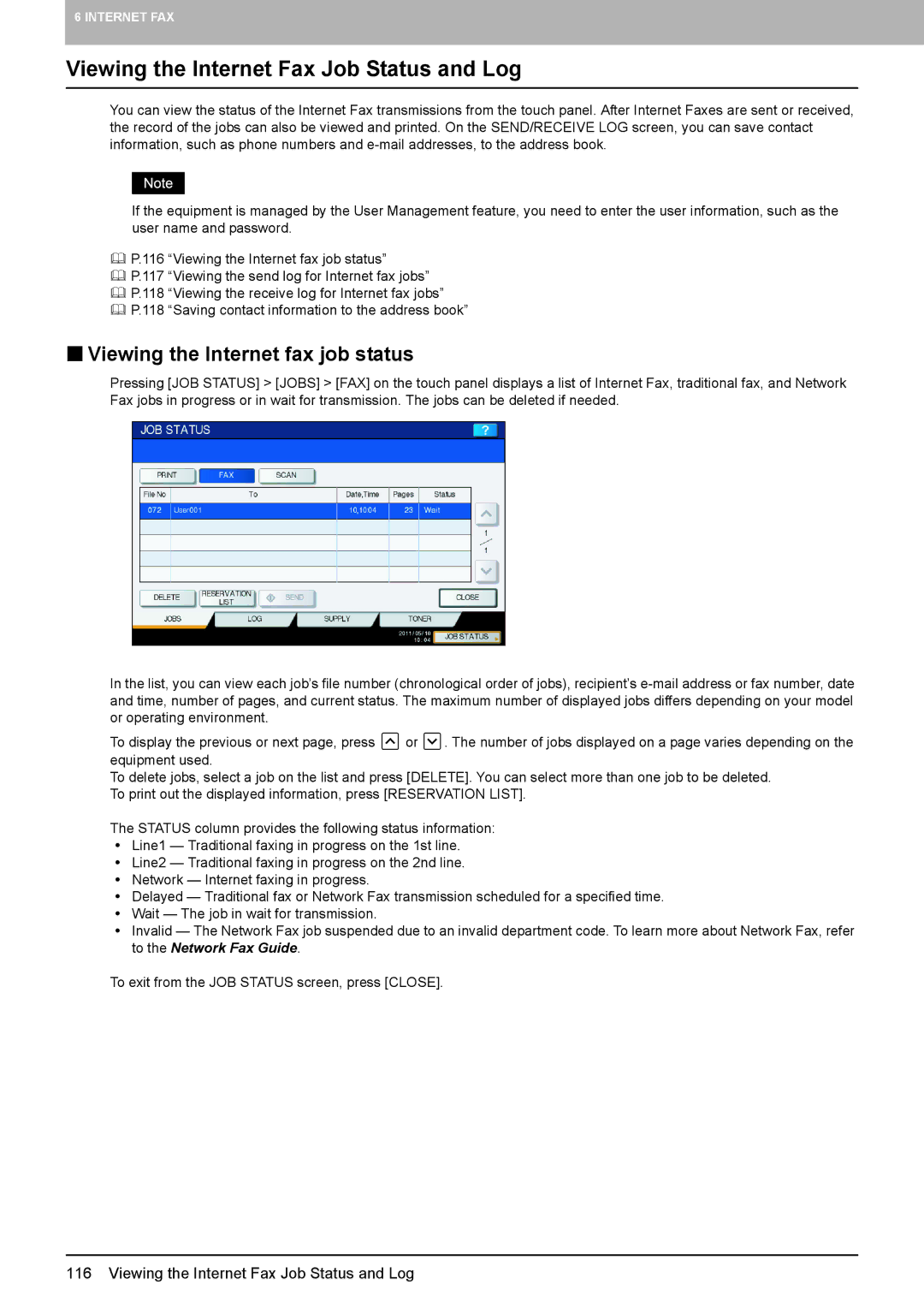 Toshiba 256, 556. 656, 6540C, 5540C, 6550C Viewing the Internet Fax Job Status and Log, „ Viewing the Internet fax job status 