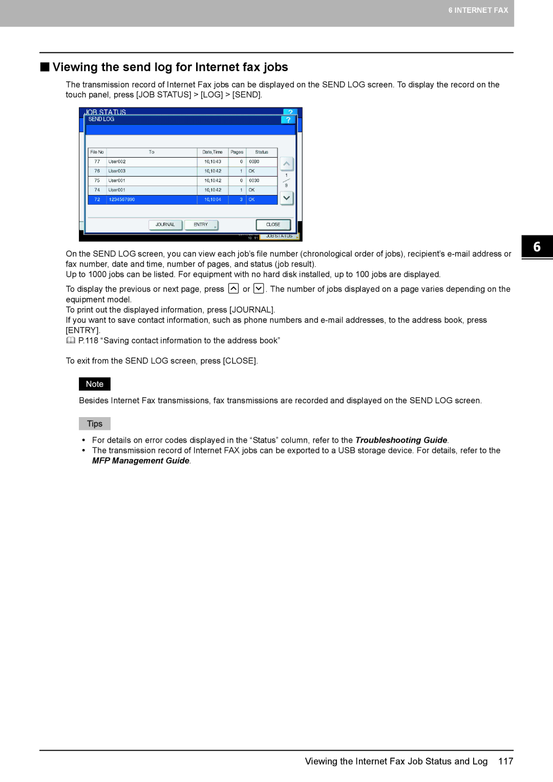 Toshiba 206L, 556. 656, 6540C, 5540C, 6550C, 456SE, 856, 556SE, 756, 306SE, 356, 3540C „ Viewing the send log for Internet fax jobs 