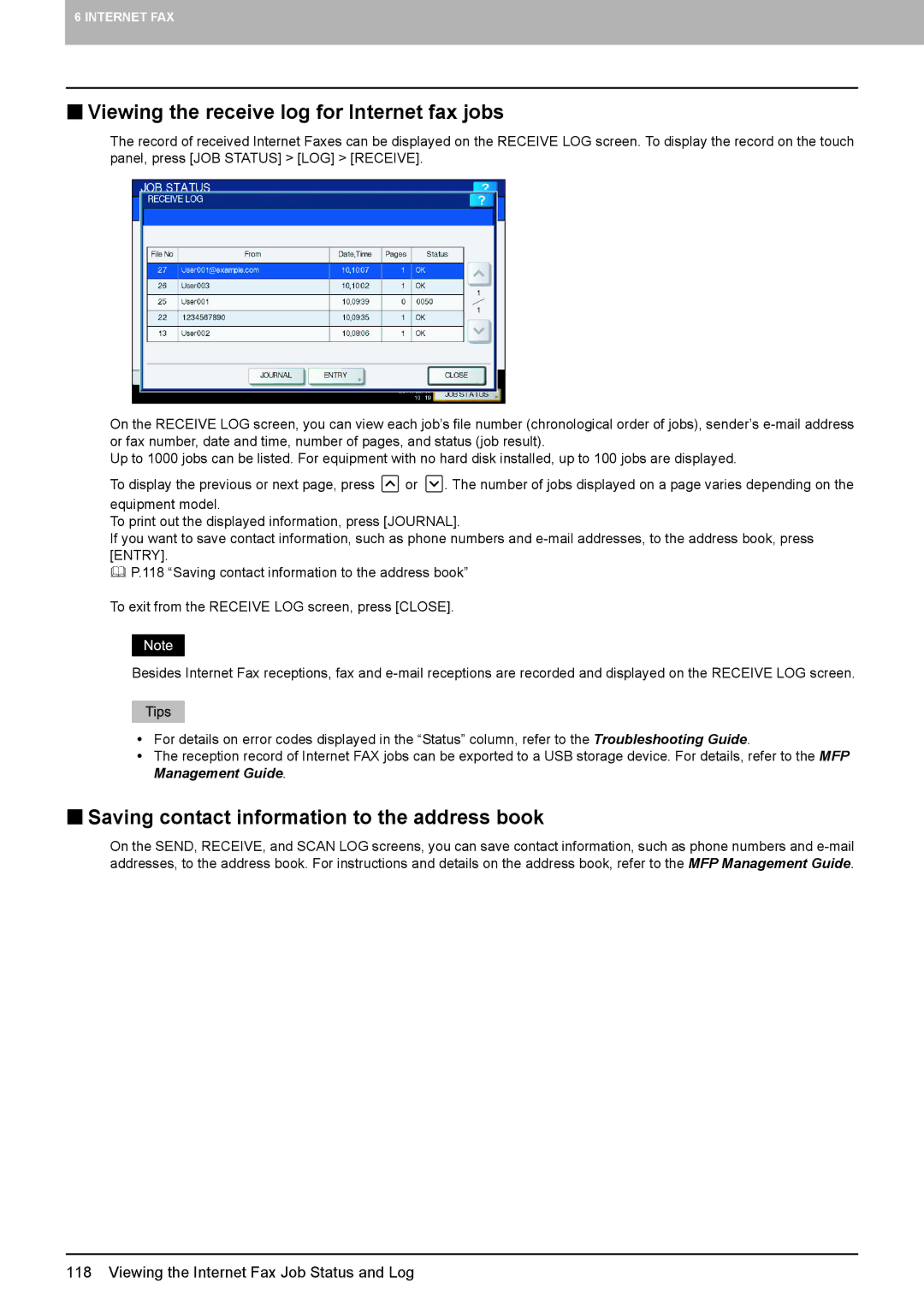 Toshiba 2040C, 556. 656 „ Viewing the receive log for Internet fax jobs, „ Saving contact information to the address book 