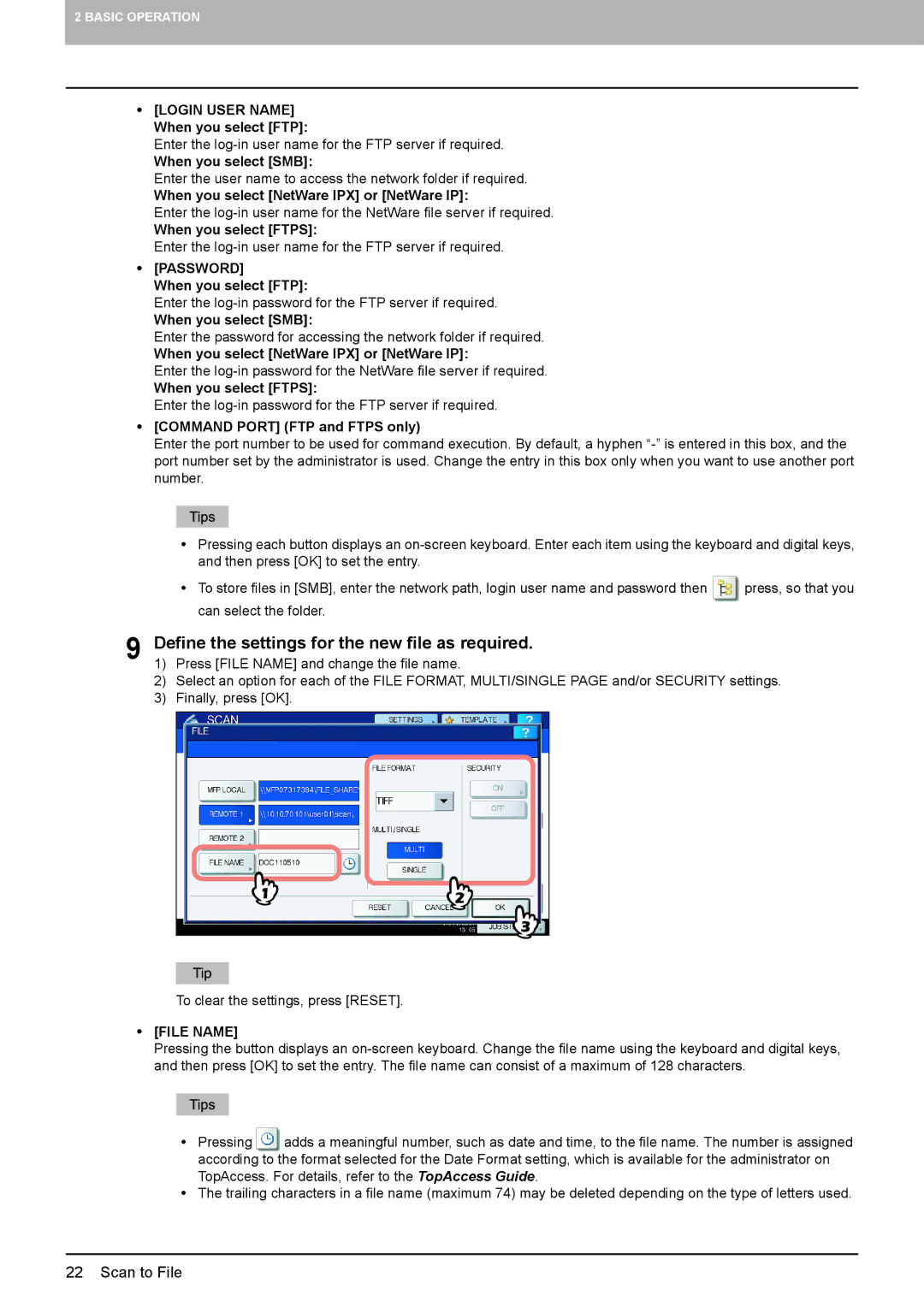 Toshiba 6550C Login User Name When you select FTP, Password When you select FTP, Command Port FTP and Ftps only, File Name 