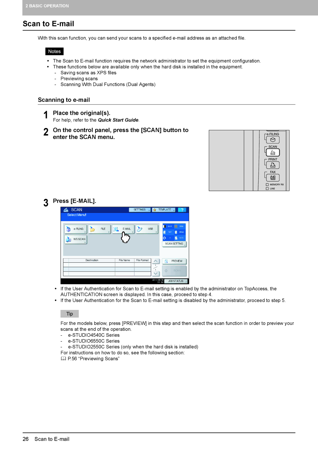 Toshiba 756, 556. 656, 6540C, 5540C, 6550C, 456SE, 856, 556SE, 306SE, 356 Scan to E-mail, Scanning to e-mail Place the originals 