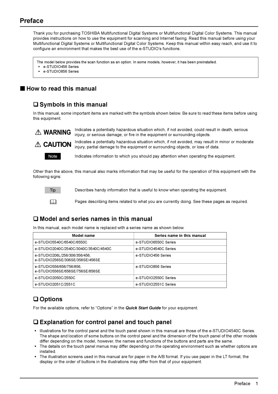 Toshiba 6550C, 6540C Preface, „ How to read this manual ‰ Symbols in this manual, ‰ Model and series names in this manual 