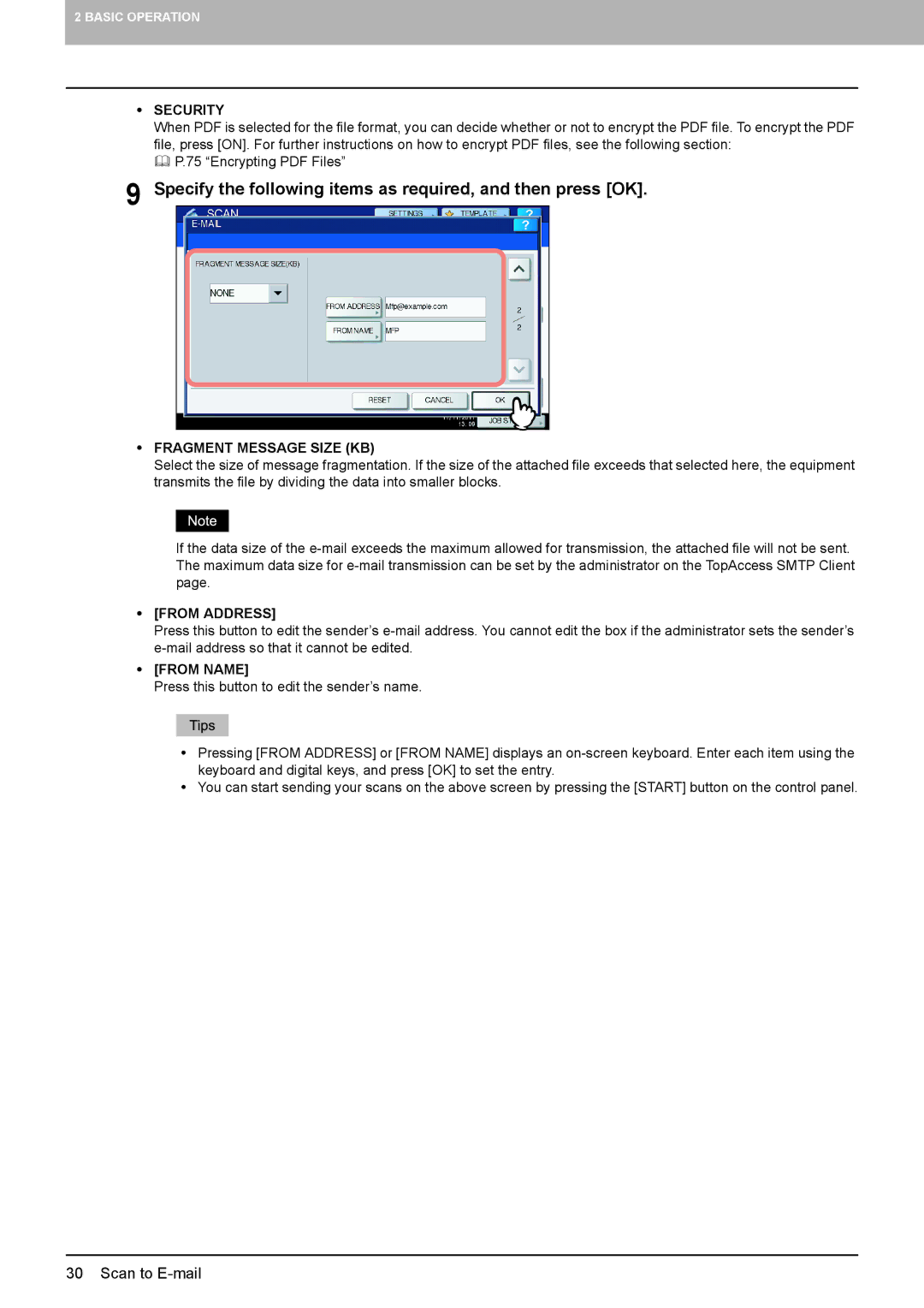 Toshiba 3540C, 556. 656 Specify the following items as required, and then press OK, Fragment Message Size KB, From Address 