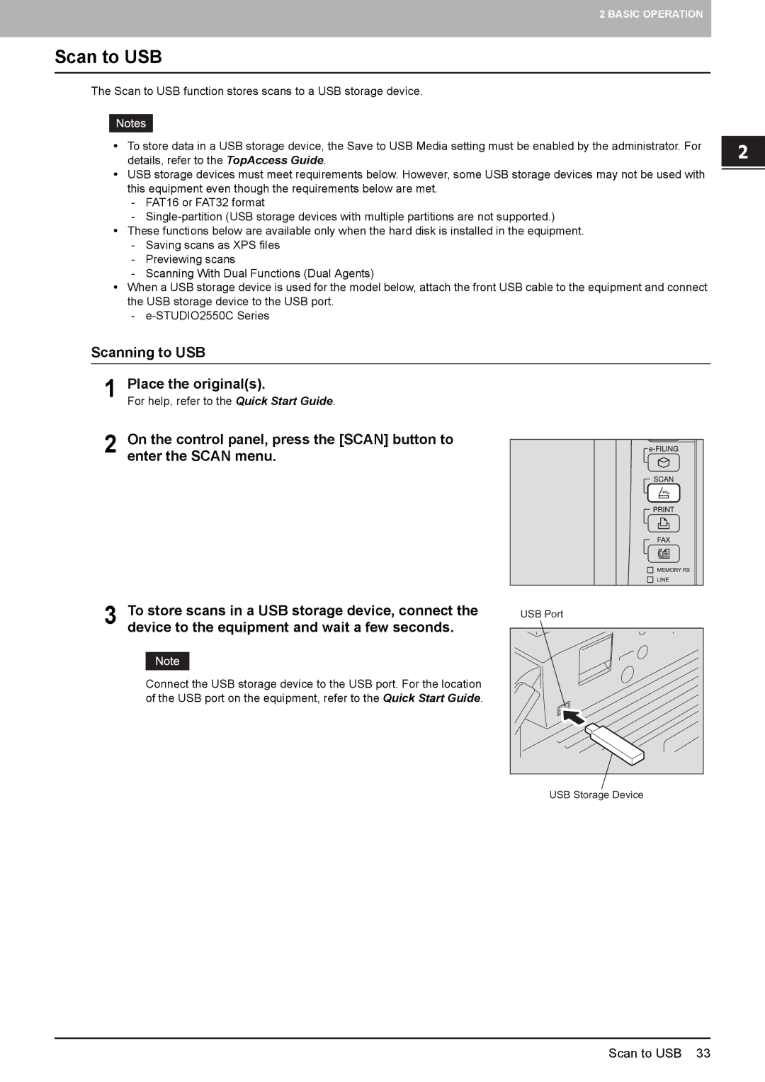 Toshiba 206L, 556. 656 Scan to USB, Scanning to USB Place the originals, Device to the equipment and wait a few seconds 