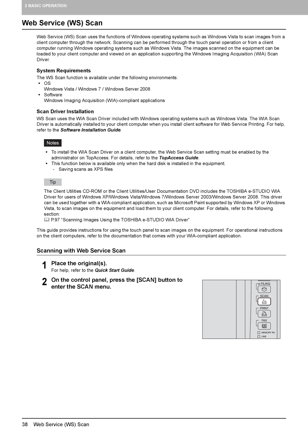 Toshiba 3040C, 556. 656, 6540C, 5540C, 6550C, 456SE Web Service WS Scan, Scanning with Web Service Scan Place the originals 