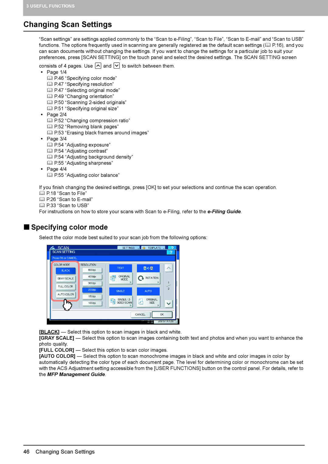 Toshiba 556SE, 556. 656, 6540C, 5540C, 6550C, 456SE, 856, 756, 306SE, 356, 3540C Changing Scan Settings, „ Specifying color mode 