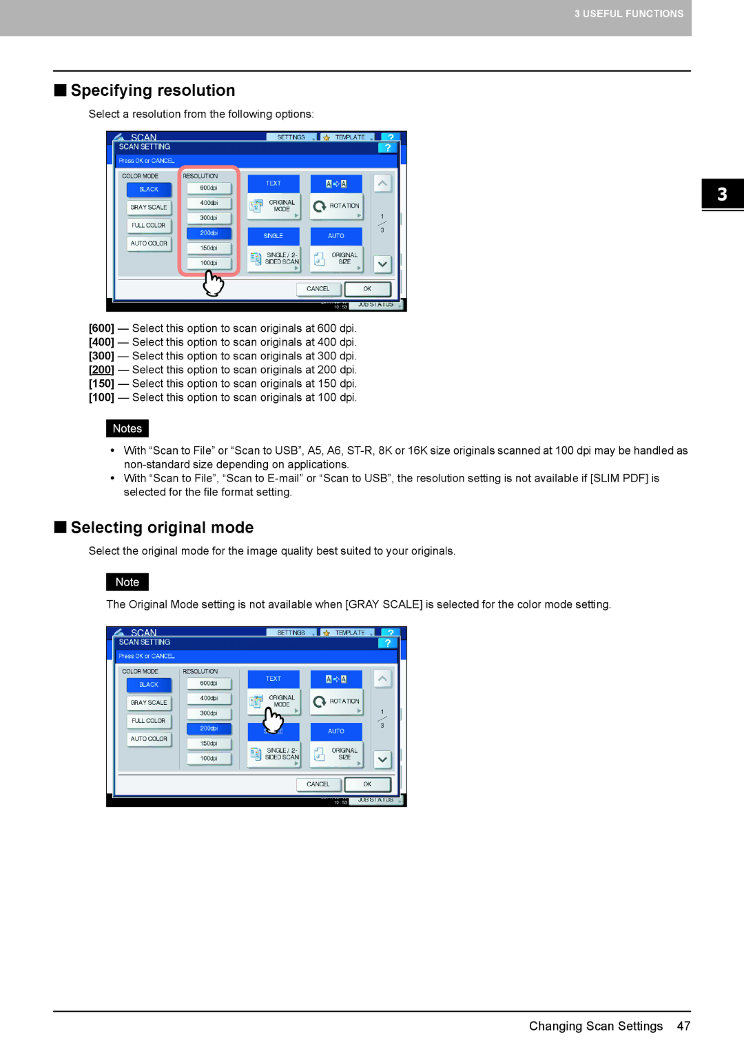 Toshiba 756, 556. 656, 6540C, 5540C, 6550C, 456SE, 856, 556SE, 306SE, 356, 3540C „ Specifying resolution, „ Selecting original mode 