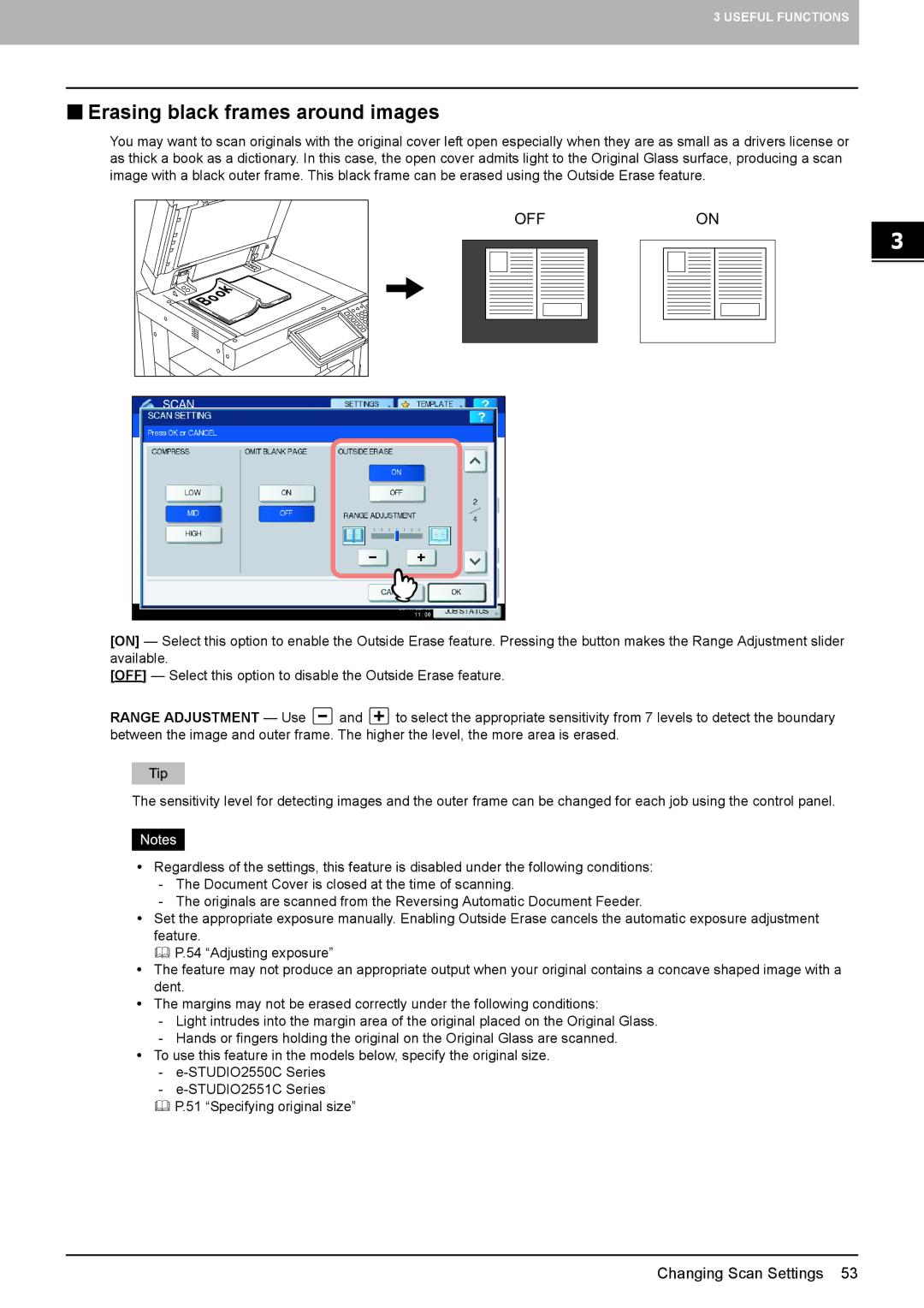 Toshiba 256, 556. 656, 6540C, 5540C, 6550C, 456SE, 856, 556SE, 756, 306SE, 356, 3540C „ Erasing black frames around images, Offon 