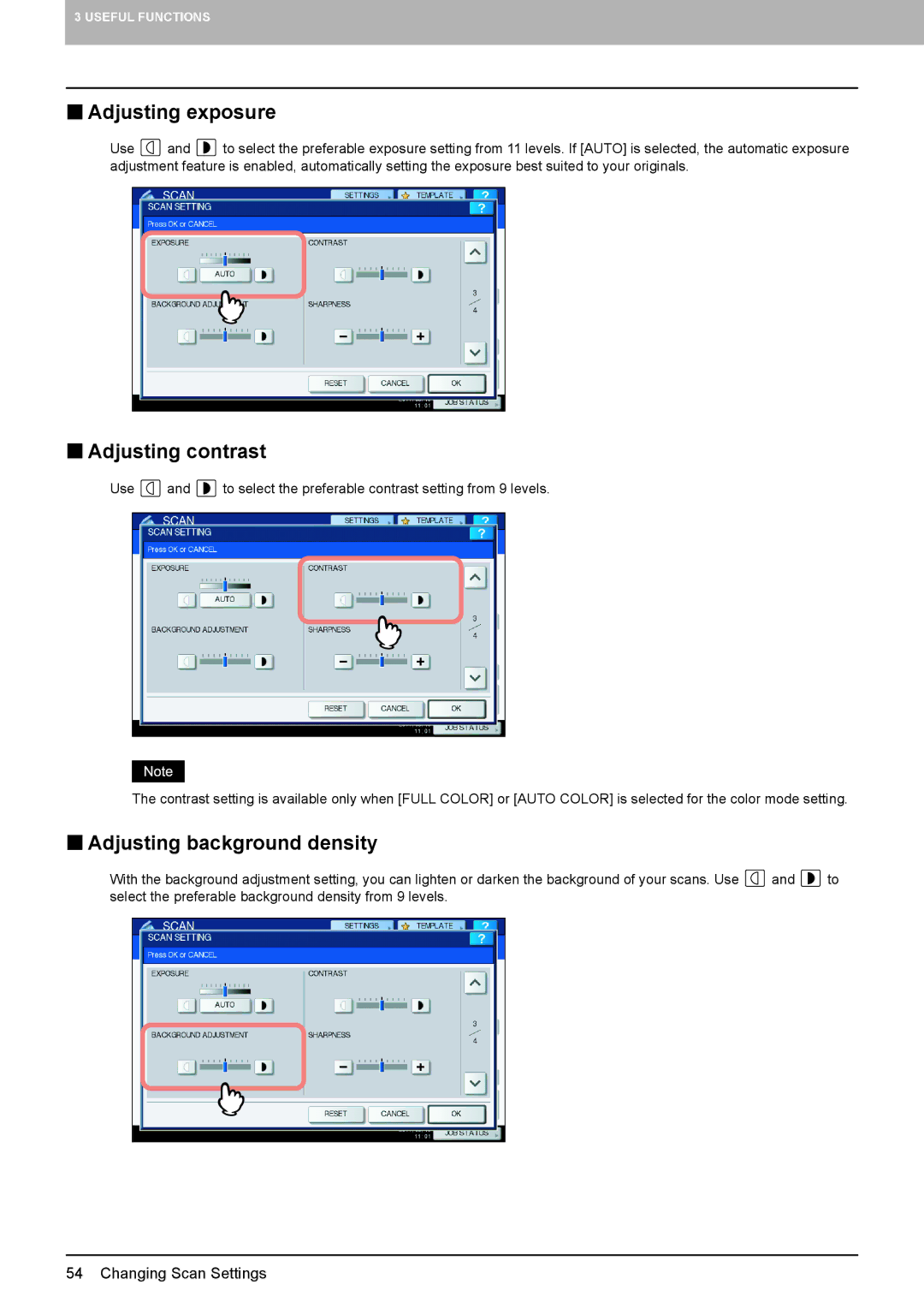 Toshiba 206L, 556. 656, 6540C, 5540C, 6550C, 456SE „ Adjusting exposure, „ Adjusting contrast, „ Adjusting background density 