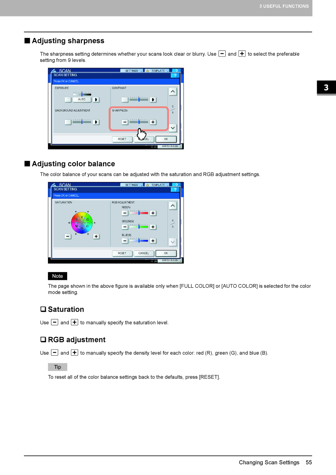 Toshiba 2040C, 556. 656, 6540C, 5540C, 6550C „ Adjusting sharpness, „ Adjusting color balance, ‰ Saturation, ‰ RGB adjustment 