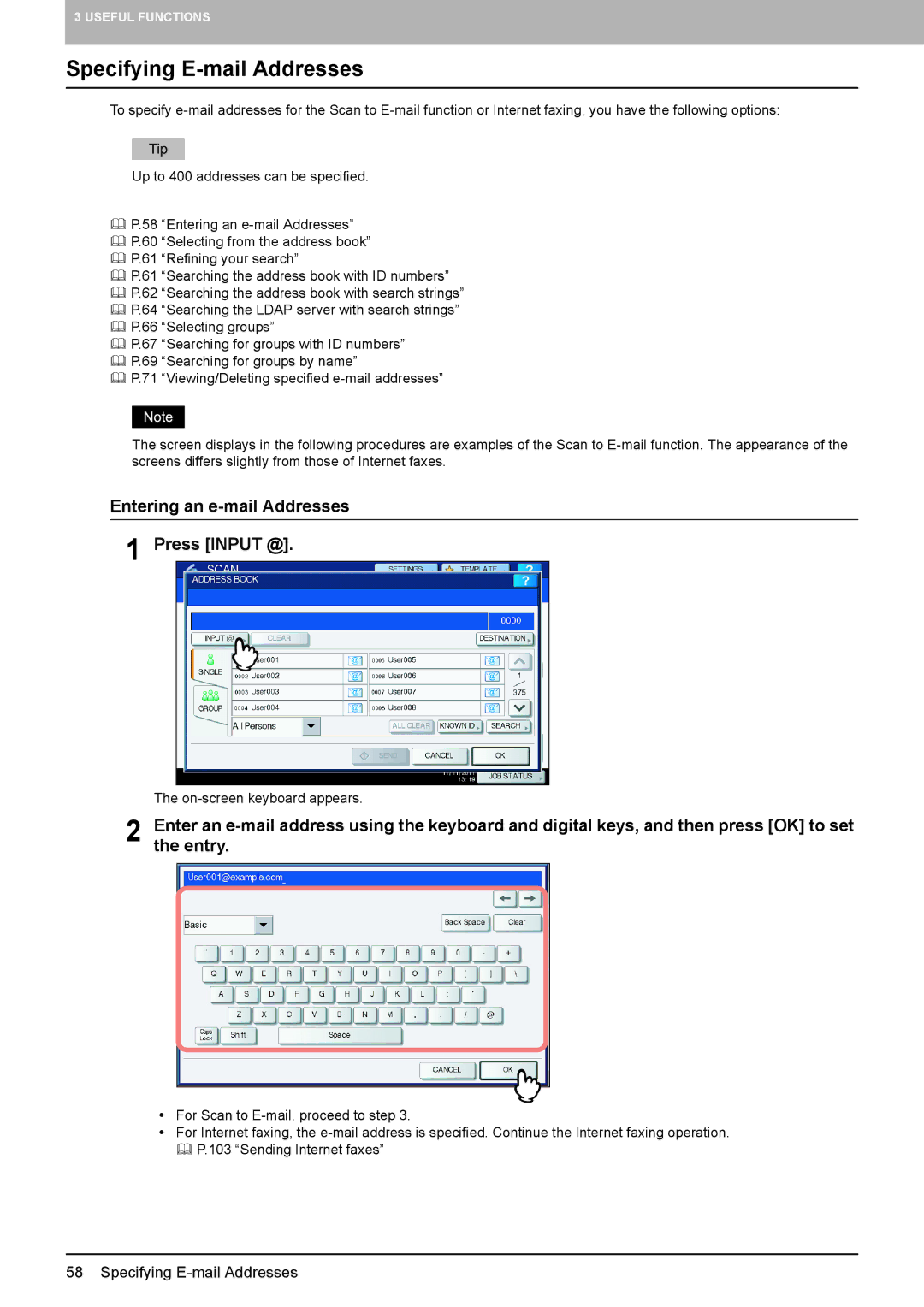 Toshiba 2540C, 556. 656, 6540C, 5540C, 6550C Specifying E-mail Addresses, Entering an e-mail Addresses Press Input @, Entry 