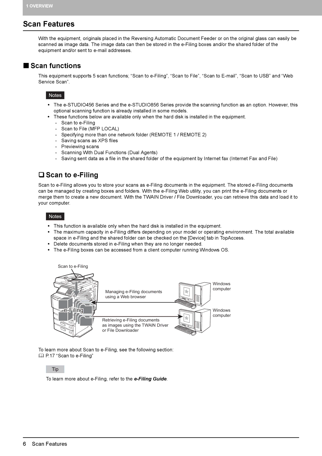 Toshiba 556. 656, 6540C, 5540C, 6550C, 456SE, 856, 556SE, 756, 306SE, 356 Scan Features, „ Scan functions, ‰ Scan to e-Filing 