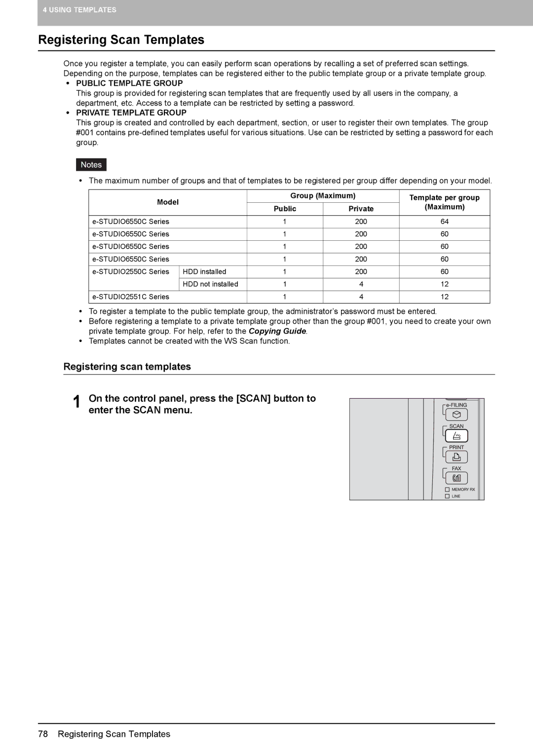 Toshiba 4540C, 556. 656, 6540C, 5540C, 6550C, 456SE Registering Scan Templates, Public Template Group, Private Template Group 