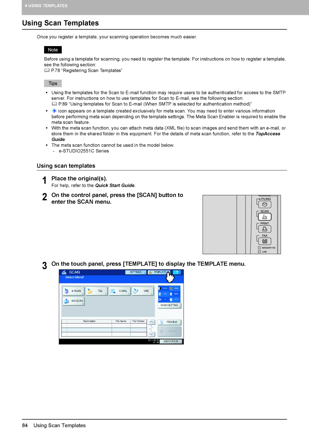 Toshiba 5540C, 556. 656, 6540C, 6550C, 456SE, 856, 556SE, 756, 356 Using Scan Templates, Using scan templates Place the originals 