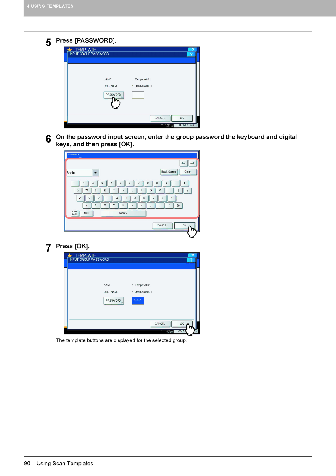 Toshiba 556. 656, 6540C, 5540C, 6550C, 456SE, 856, 556SE, 756, 306SE, 356 Template buttons are displayed for the selected group 