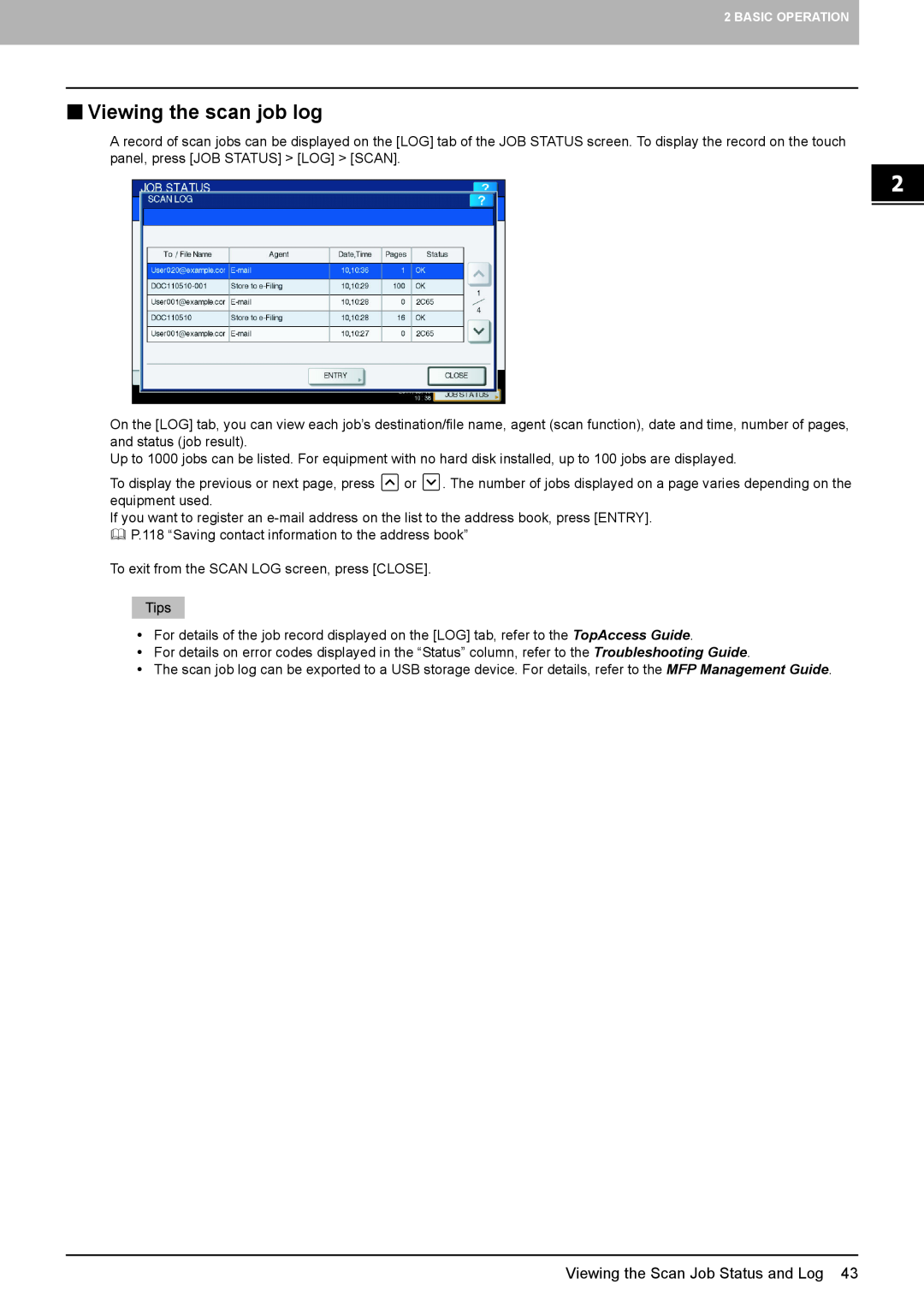 Toshiba 6550C, 556. 656, 6540C, 5540C, 456SE, 856, 556SE, 756 „ Viewing the scan job log, Viewing the Scan Job Status and Log 