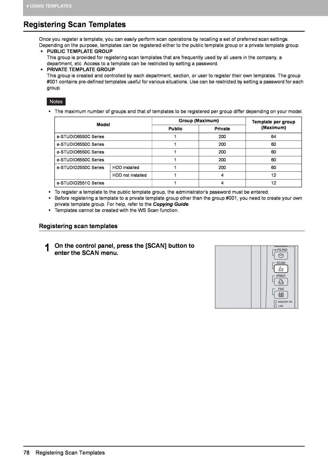 Toshiba 4540C Registering Scan Templates, Registering scan templates, y PUBLIC TEMPLATE GROUP, y PRIVATE TEMPLATE GROUP 