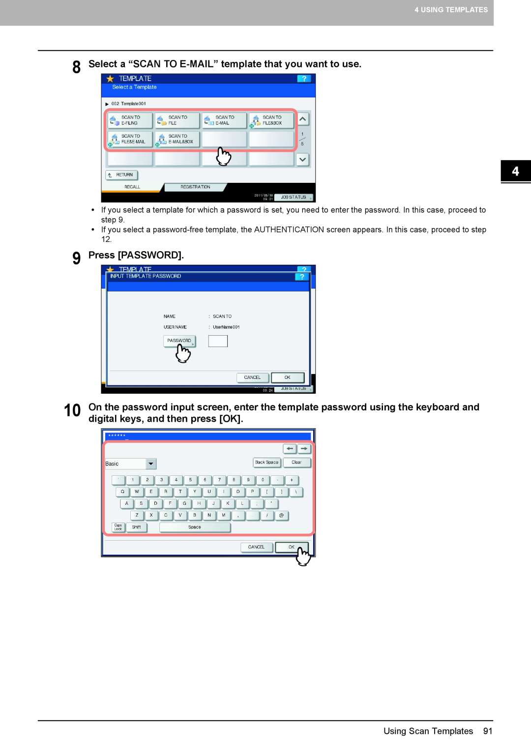 Toshiba 306SE, 556. 656, 856 Select a “SCAN TO E-MAIL” template that you want to use, Press PASSWORD, Using Scan Templates 