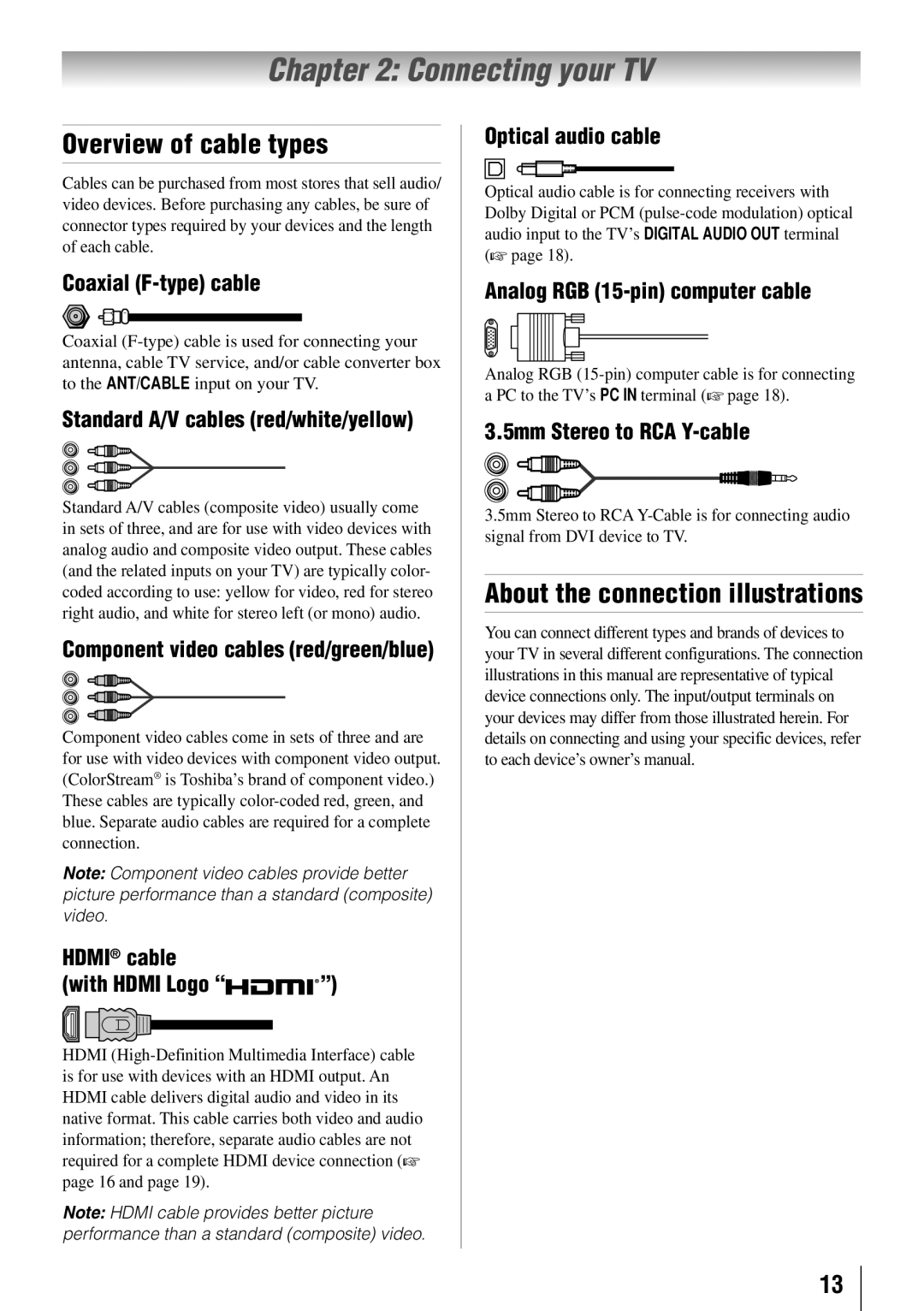 Toshiba 55HT1U owner manual Connecting your TV, Overview of cable types, About the connection illustrations 