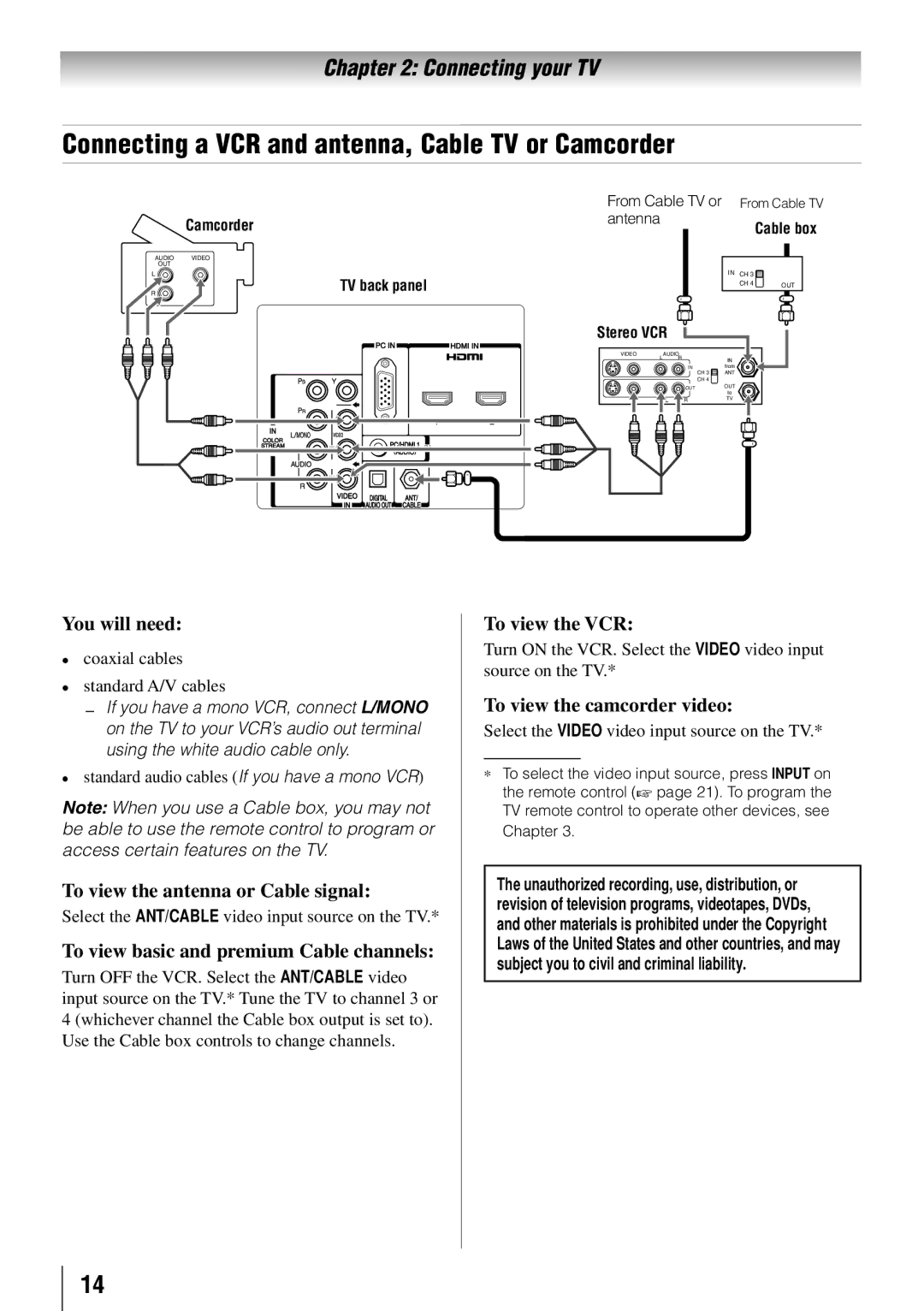 Toshiba 55HT1U owner manual Connecting a VCR and antenna, Cable TV or Camcorder 