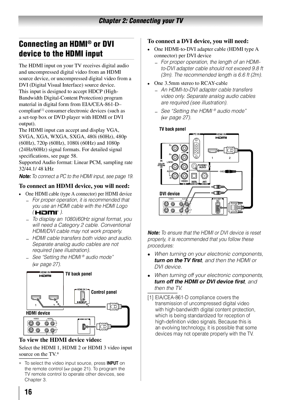 Toshiba 55HT1U To connect an Hdmi device, you will need, To view the Hdmi device video, One 3.5mm stereo to RCAY-cable 