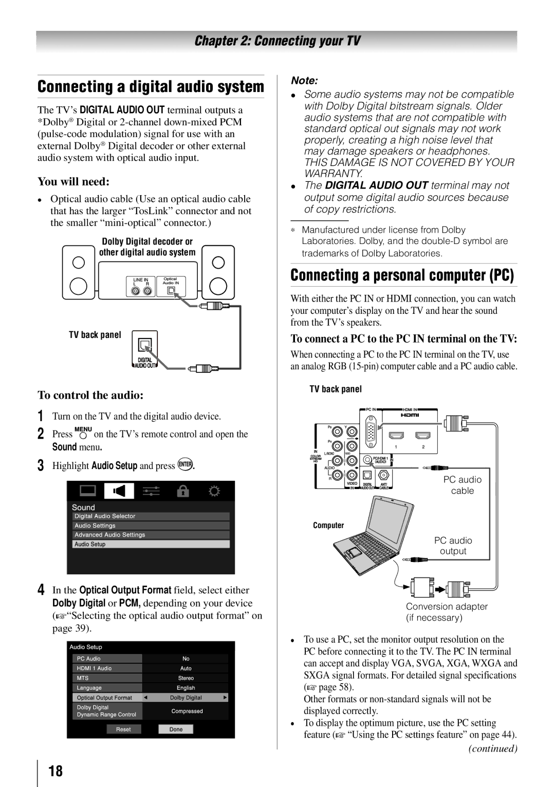 Toshiba 55HT1U Connecting a digital audio system, Connecting a personal computer PC, To control the audio, Sound menu 