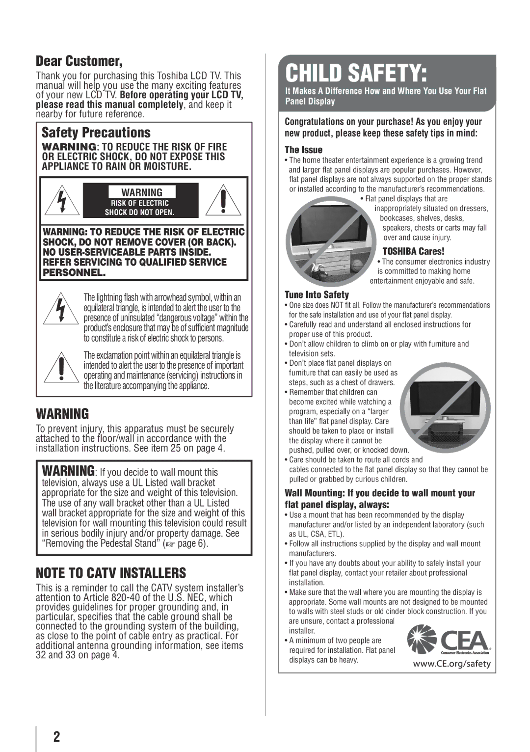 Toshiba 55HT1U owner manual Dear Customer, Safety Precautions 