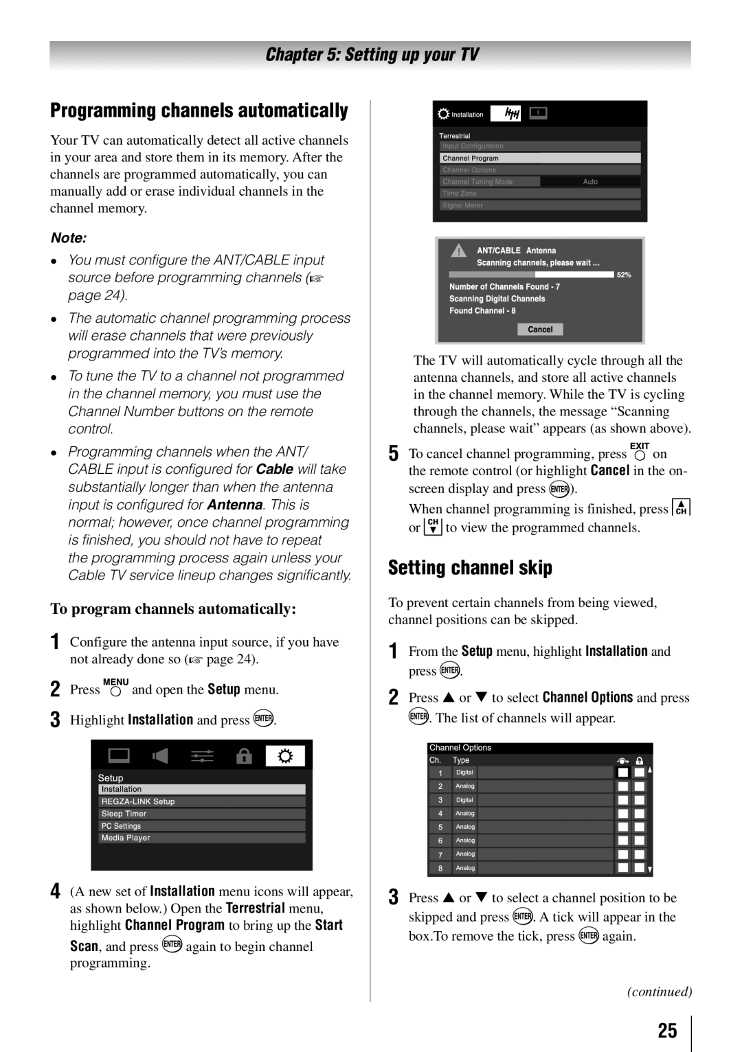 Toshiba 55HT1U owner manual Setting channel skip, Programming channels automatically, To program channels automatically 