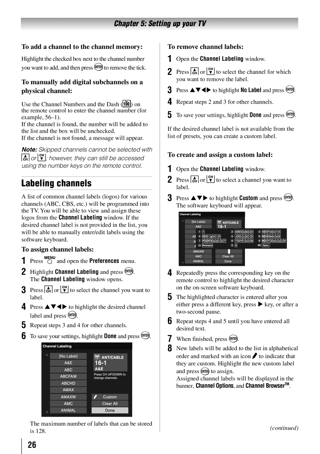 Toshiba 55HT1U owner manual Labeling channels 