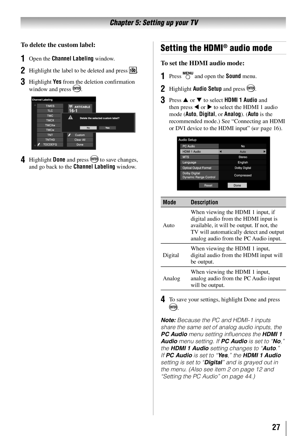 Toshiba 55HT1U Setting the Hdmi audio mode, To delete the custom label, To set the Hdmi audio mode, Mode Description 