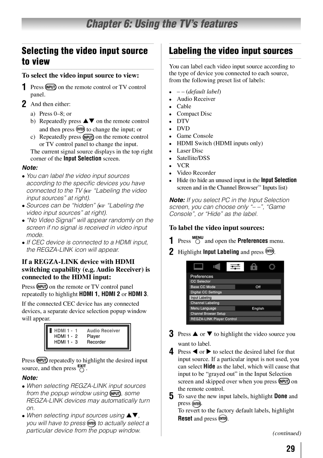 Toshiba 55HT1U Using the TV’s features, Selecting the video input source to view, Labeling the video input sources 