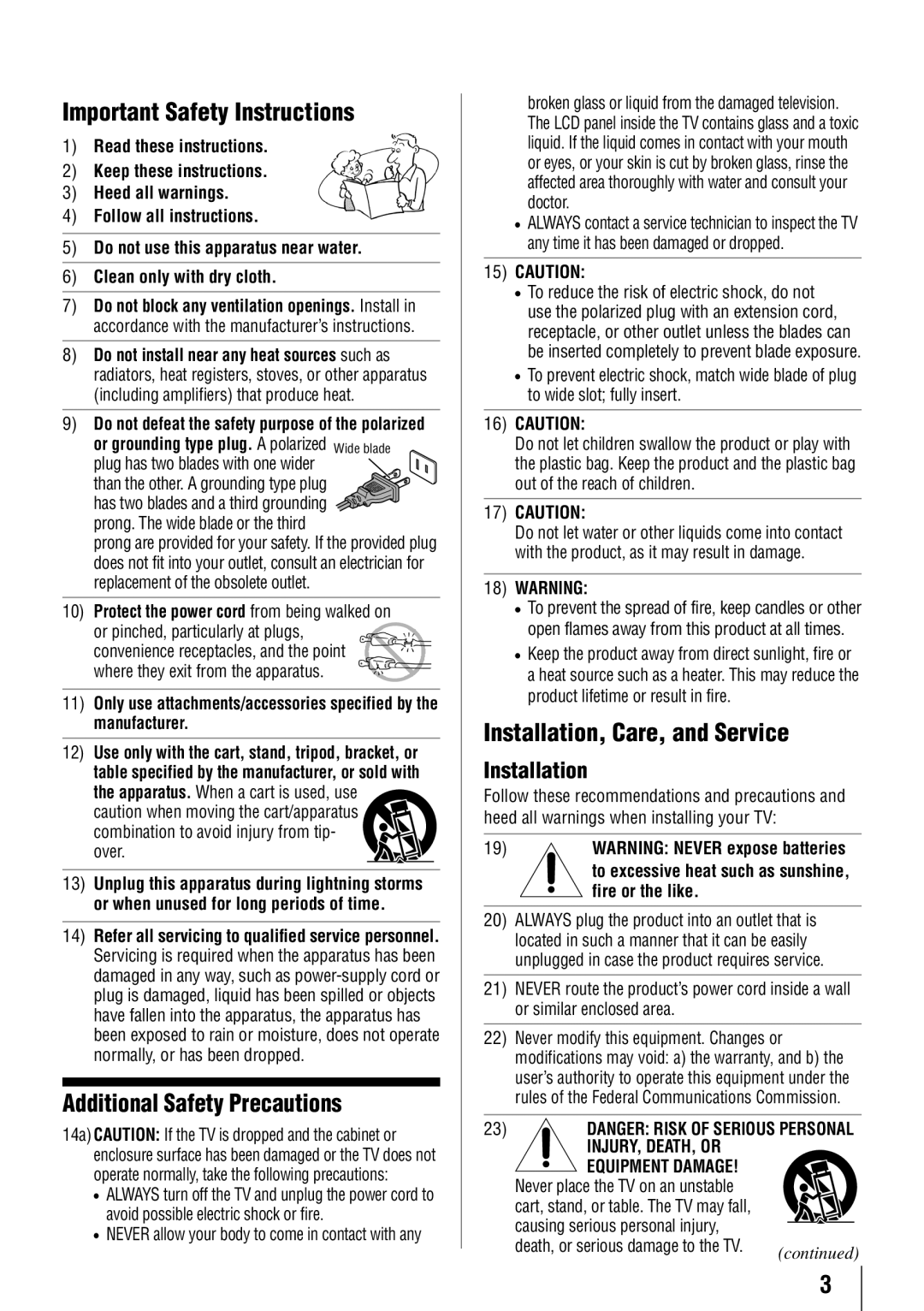 Toshiba 55HT1U owner manual Important Safety Instructions, Additional Safety Precautions, Installation, Care, and Service 