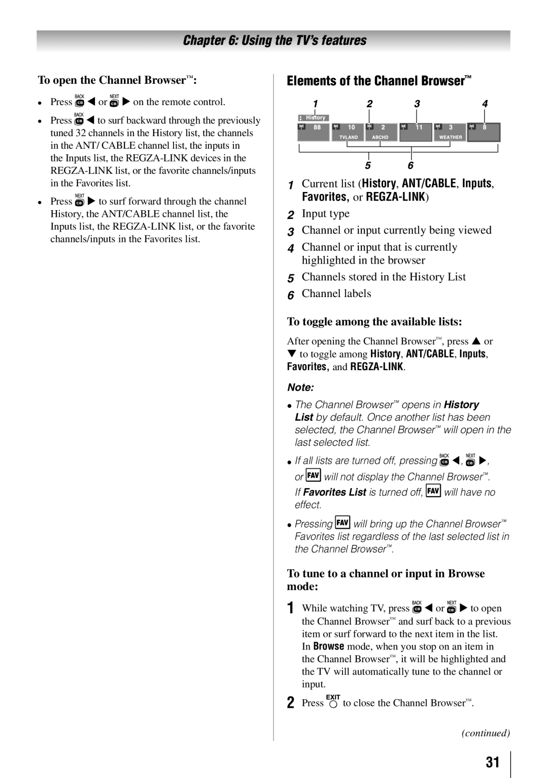 Toshiba 55HT1U Elements of the Channel Browser, To open the Channel Browser, To toggle among the available lists 