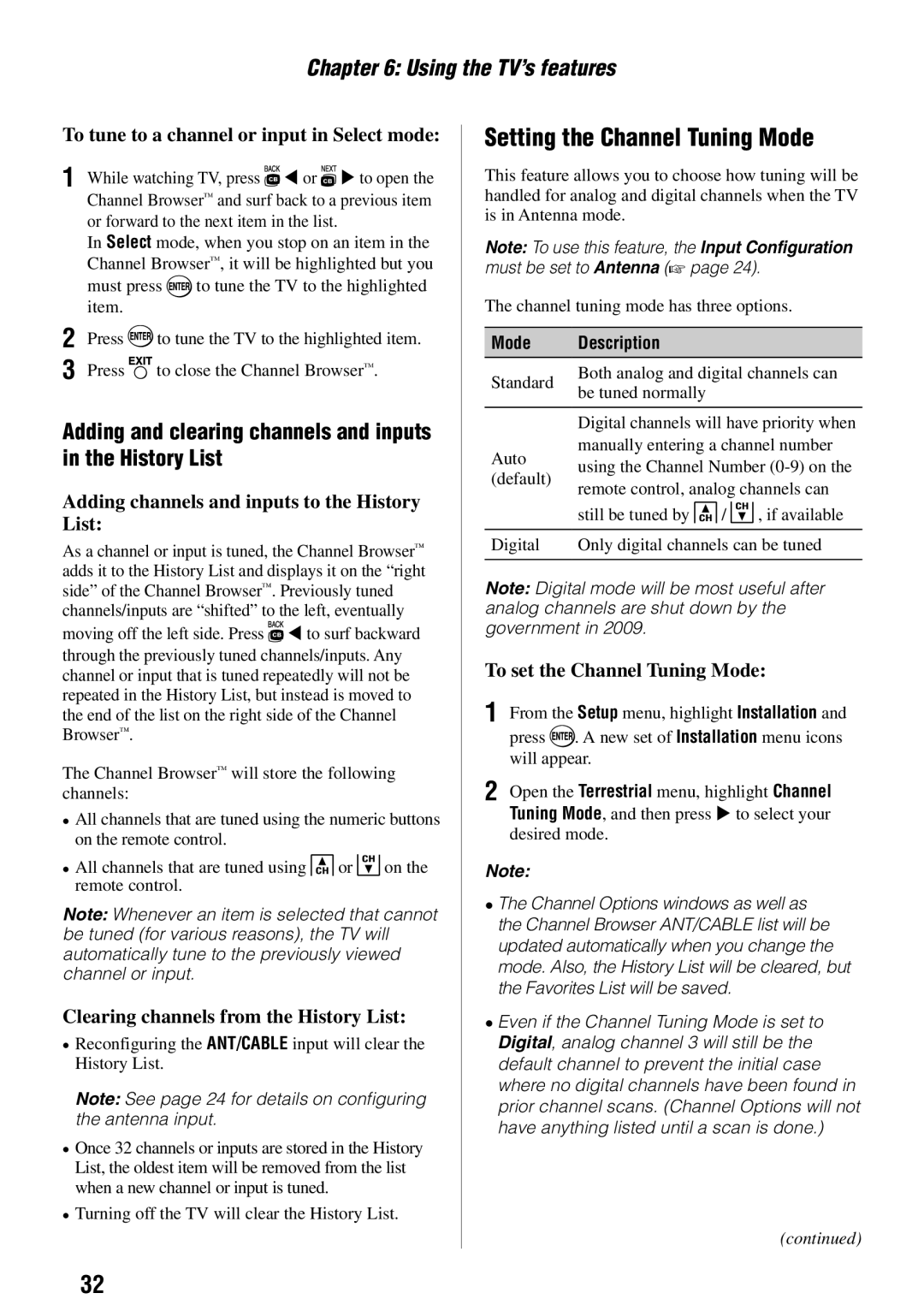 Toshiba 55HT1U owner manual Setting the Channel Tuning Mode, Adding and clearing channels and inputs in the History List 